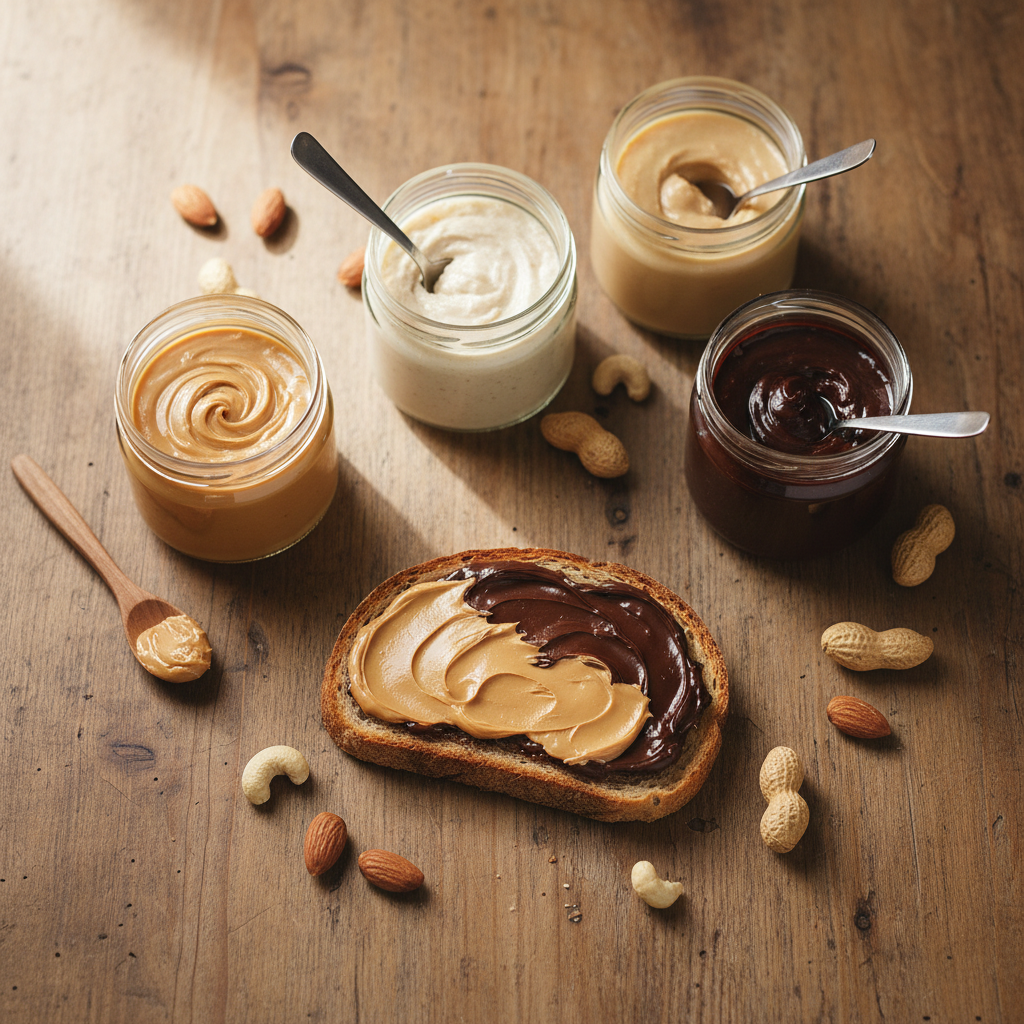 A flatlay of several open jars of natural nut butter with toast and scattered nuts on a wooden table.