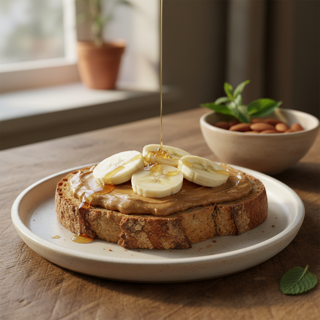 Creamy nut butter spread on rustic toast with banana slices, a wholesome breakfast scene.